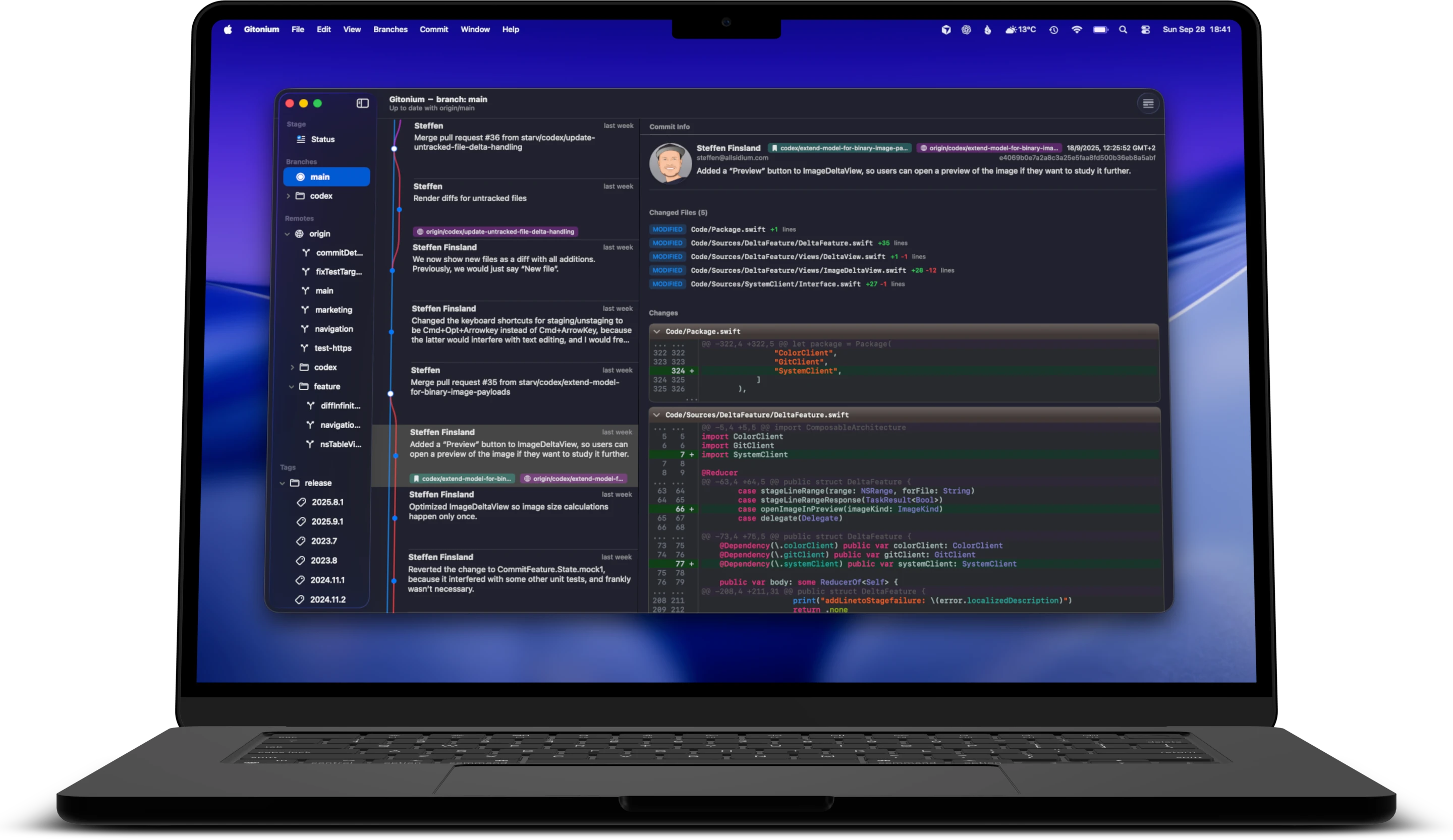 Gitonium running on MacBook showing staging interface with clean commit history