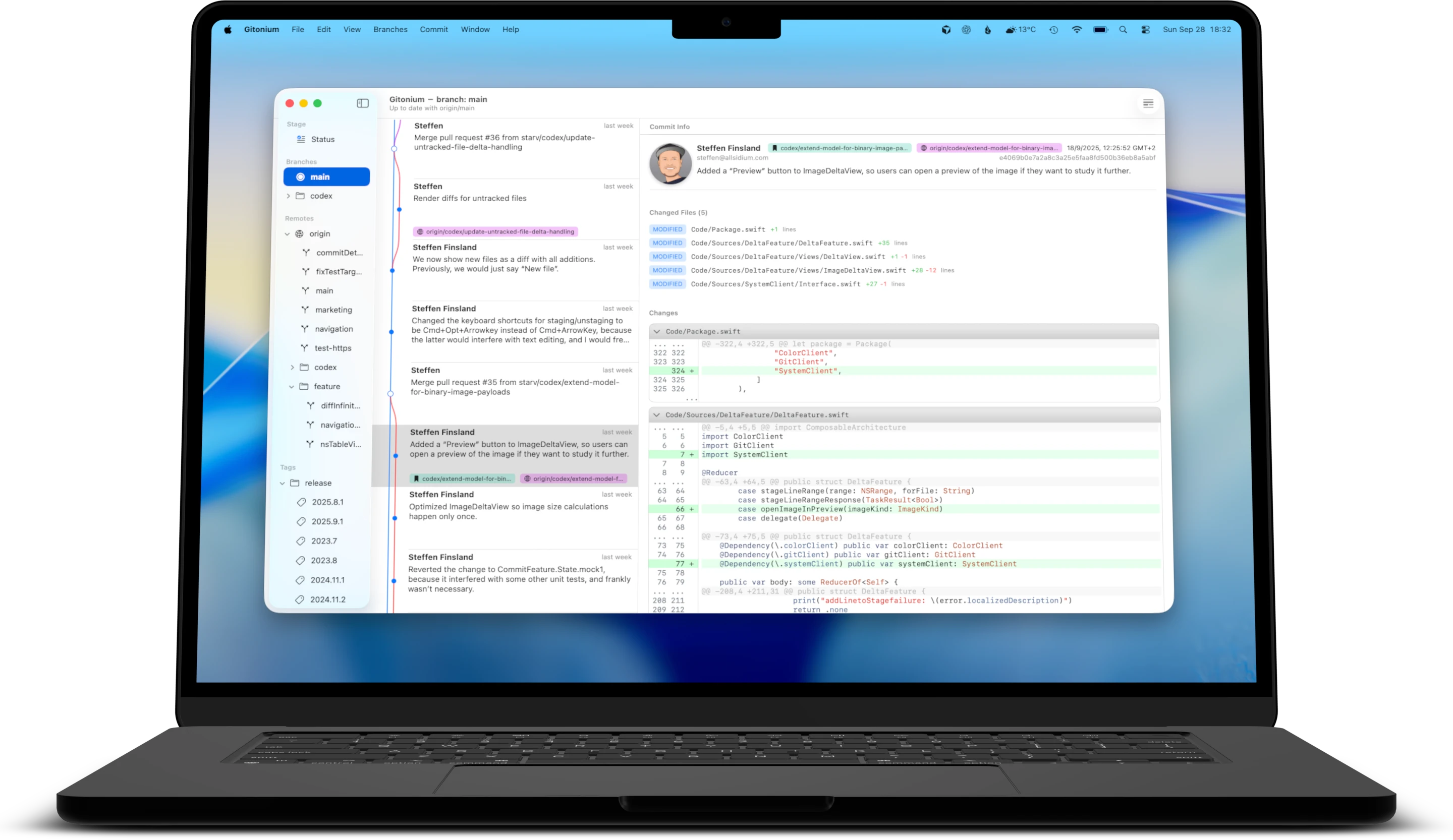 Gitonium running on MacBook showing staging interface with clean commit history
