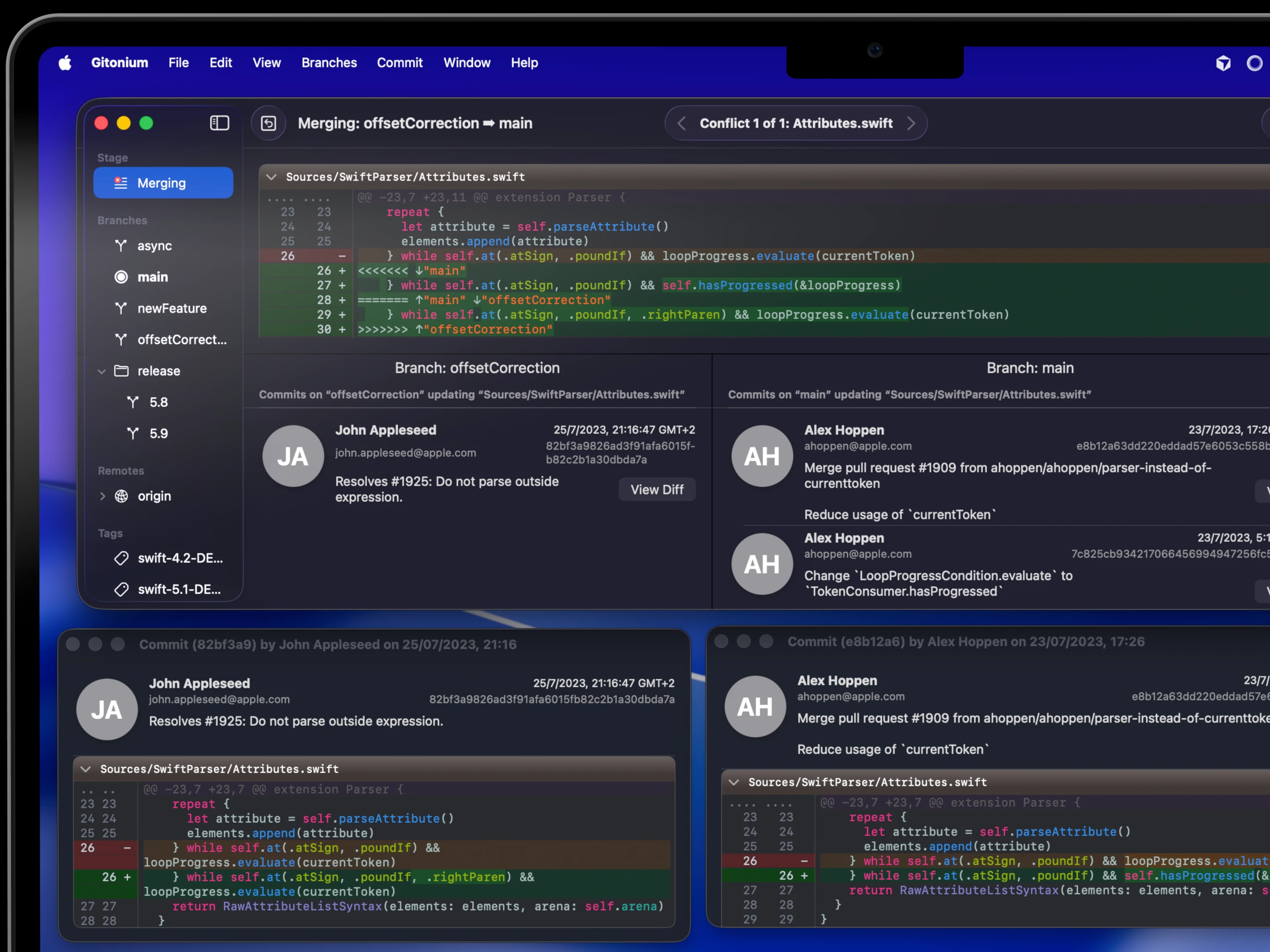 Merge overview interface showing conflict resolution with full context