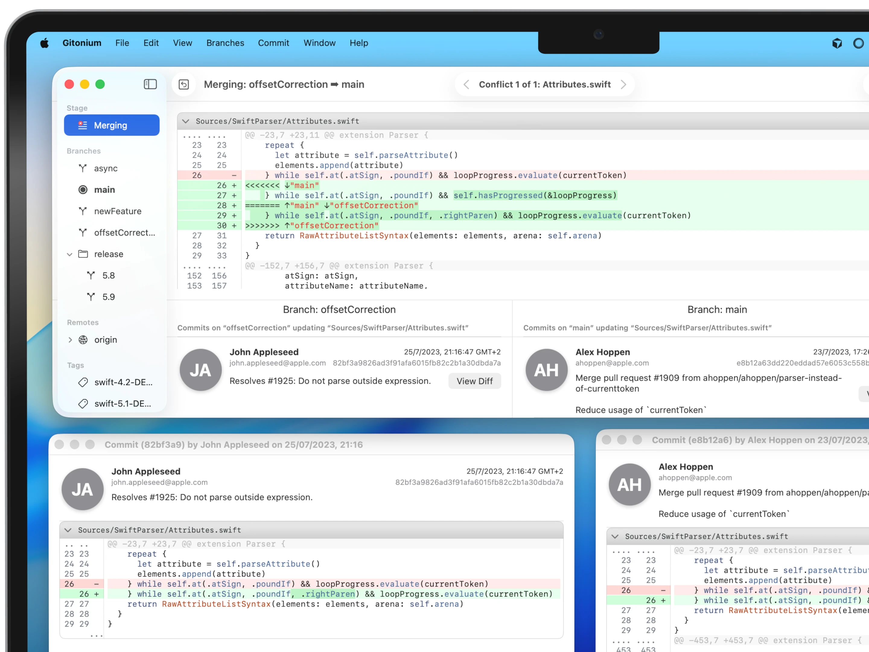Merge overview interface showing conflict resolution with full context